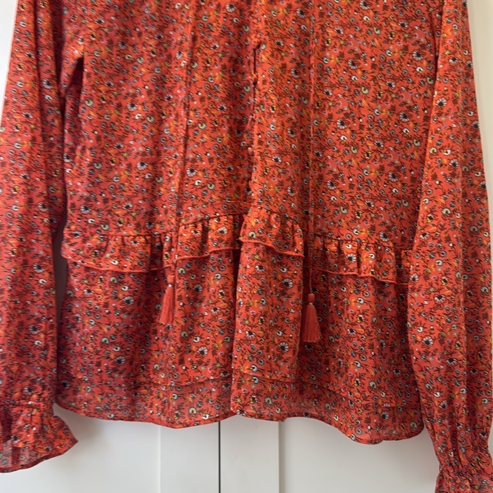 Abercrombie & Fitch Orange Floral Patterned Blouse with Ruffle Long Sleeve Large - Picture 8 of 13